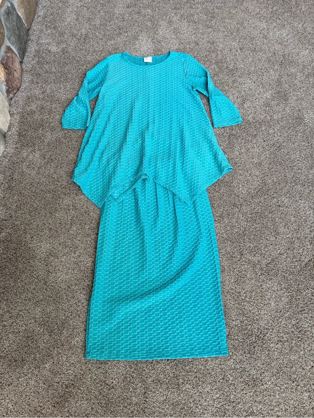 Textured Turquoise Midi Dress Set with Layered Top